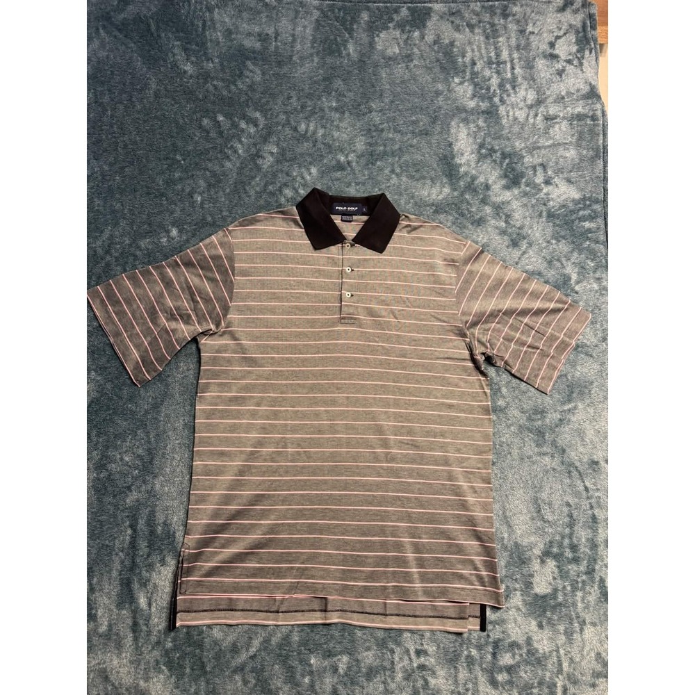 Polo Golf Ralph Lauren Shirt Men Large Gray Pink Striped Short Sleeve Cotton